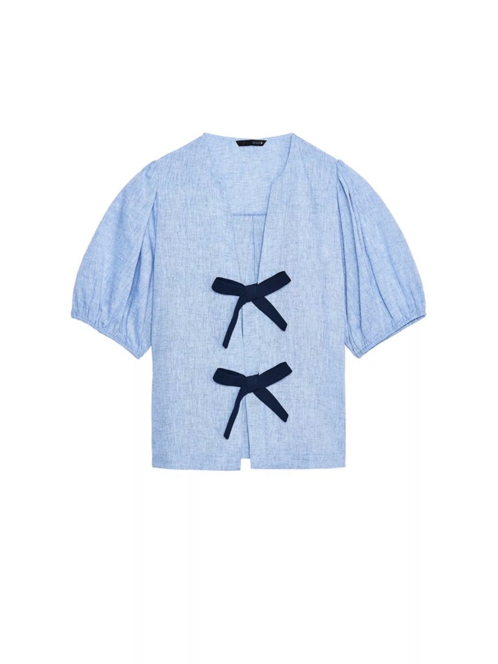 Zara Linen Tie Blouse with Puff Sleeves